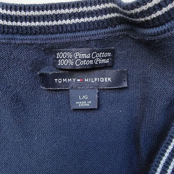 Tommy Hilfiger Navy Polka Dot Sweater Women’s Large 100% Pima Cotton V-Neck - Picture 2 of 9